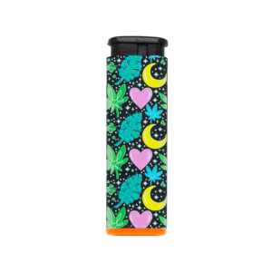 Dank Magic torch lighter by Tarryn Ann, teal hearts and moons art, orange base