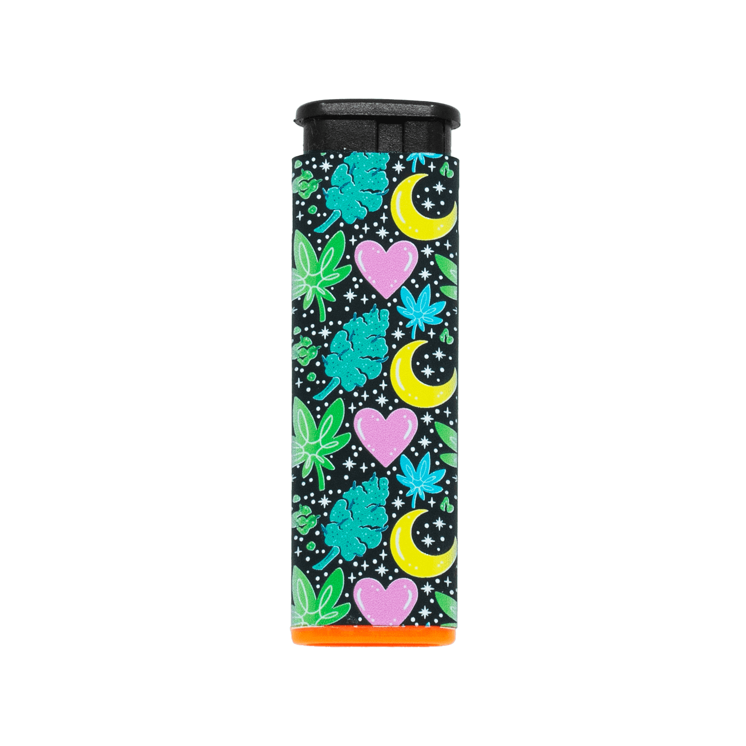 Dank Magic torch lighter by Tarryn Ann, teal hearts and moons art, orange base