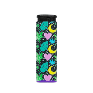 Dank Magic torch lighter by Tarryn Ann, teal hearts and moons art, purple base