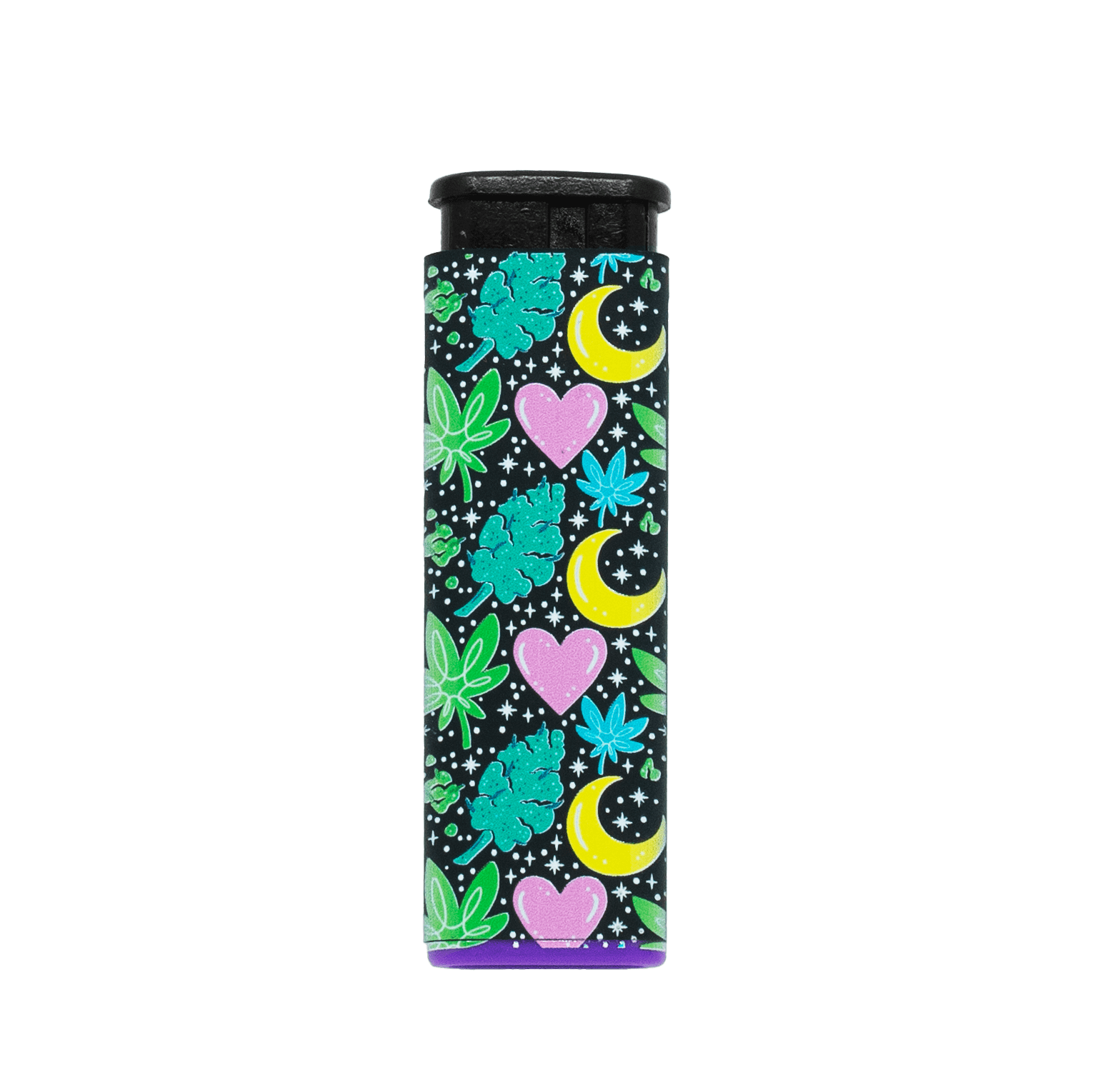Dank Magic torch lighter by Tarryn Ann, teal hearts and moons art, purple base