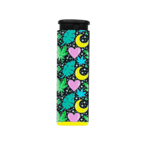 Dank Magic torch lighter by Tarryn Ann, black with teal hearts and yellow moon art