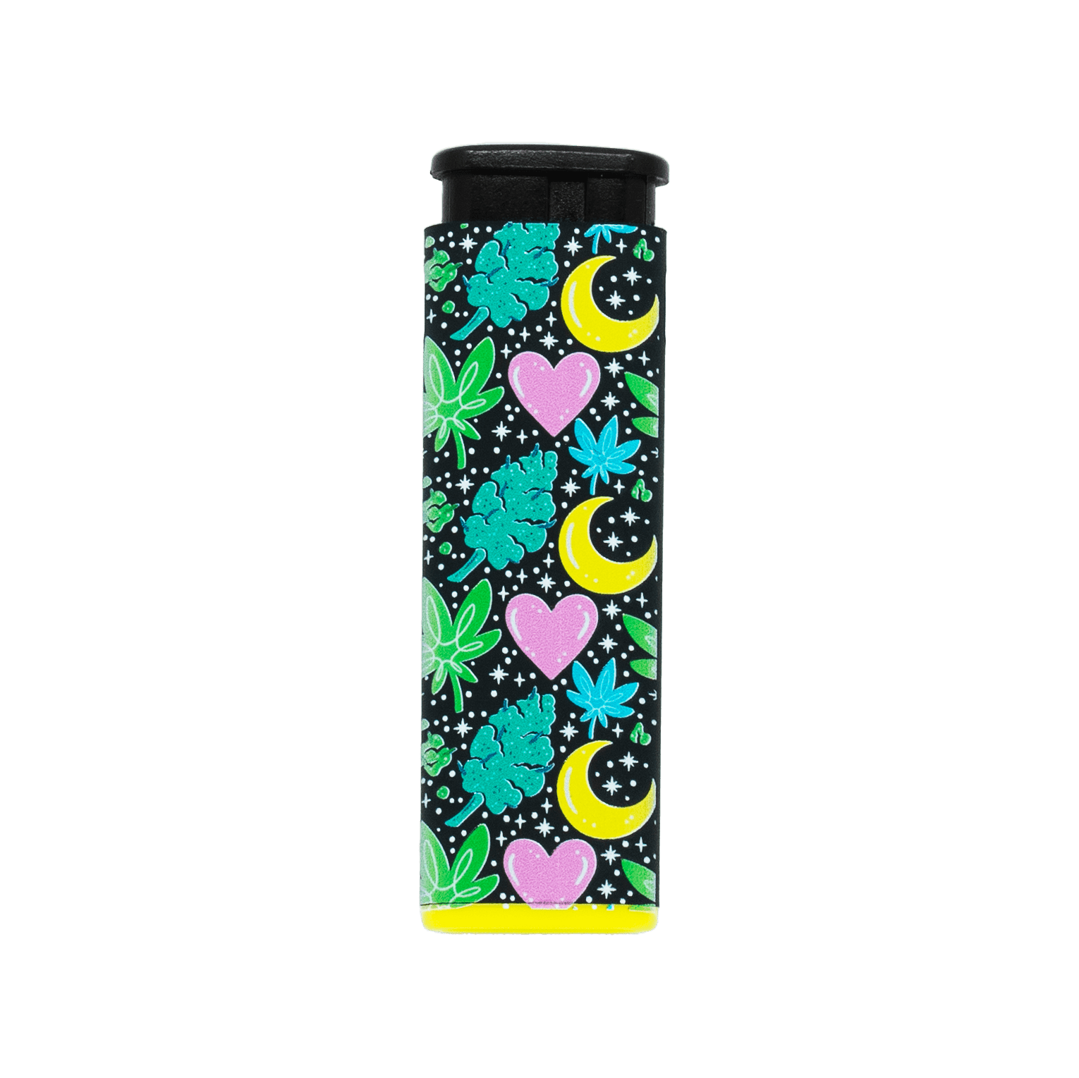 Dank Magic torch lighter by Tarryn Ann, black with teal hearts and yellow moon art