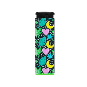 Dank Magic torch lighter by Tarryn Ann, teal hearts and moons art, green base