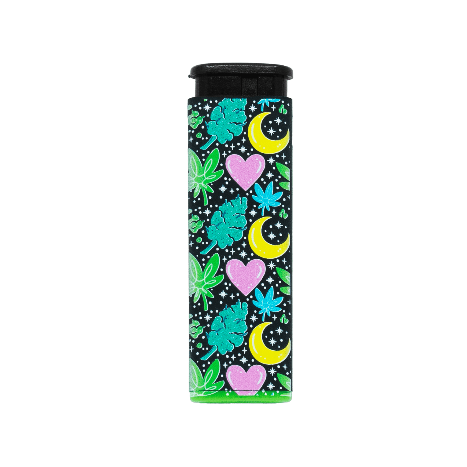 Dank Magic torch lighter by Tarryn Ann, teal hearts and moons art, green base