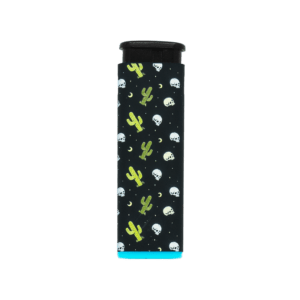 Desert Skull refillable torch lighter, black cactus and skull print, blue base
