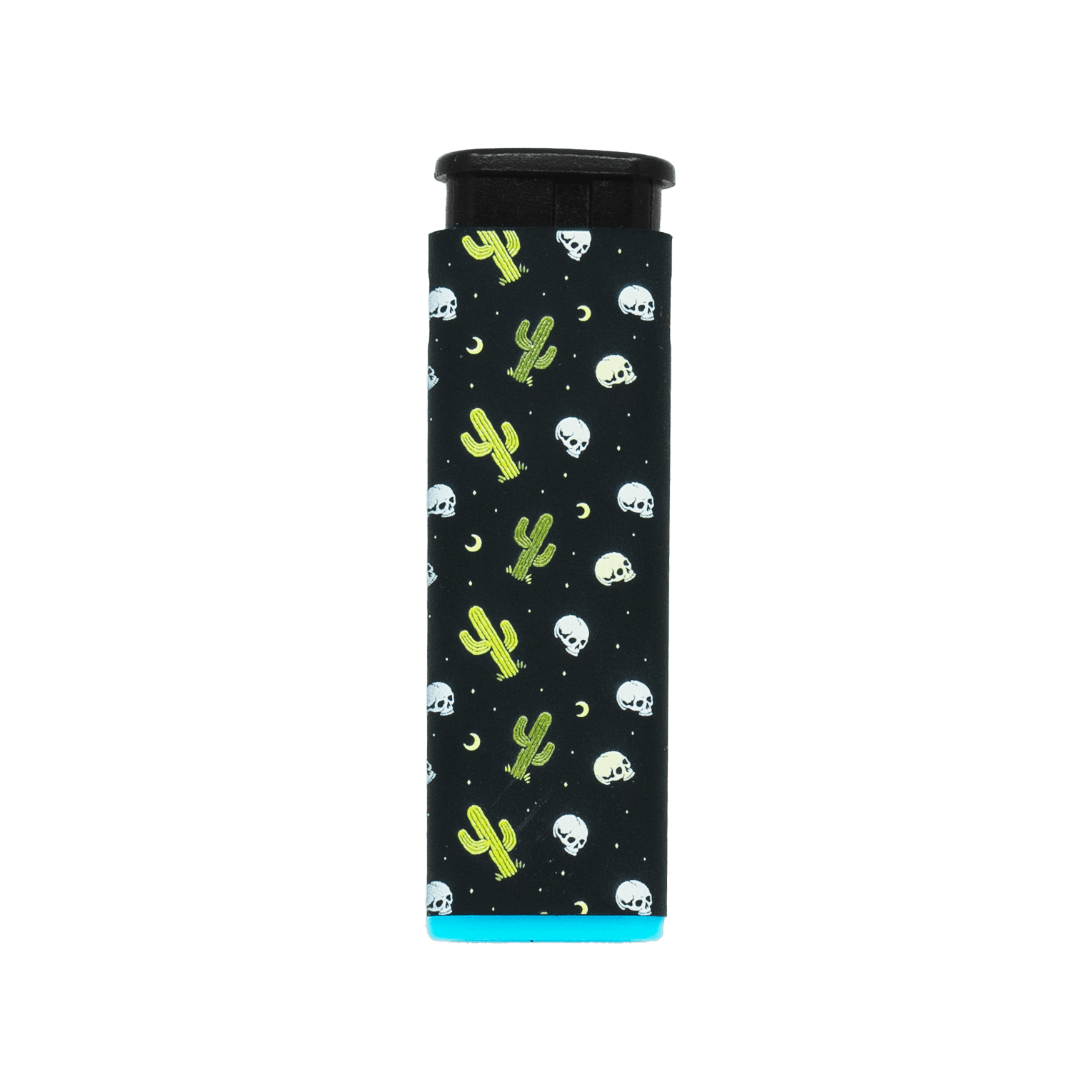 Desert Skull refillable torch lighter, black cactus and skull print, blue base