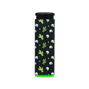 Desert Skull refillable torch lighter, black cactus and skull print, green base