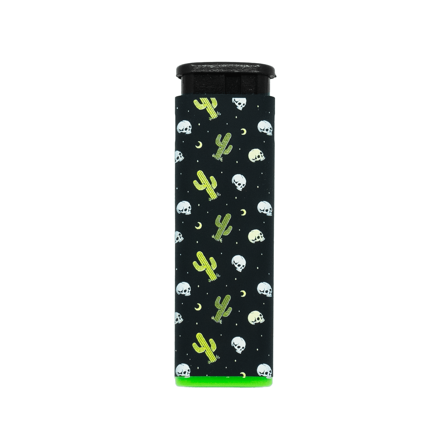 Desert Skull refillable torch lighter, black cactus and skull print, green base