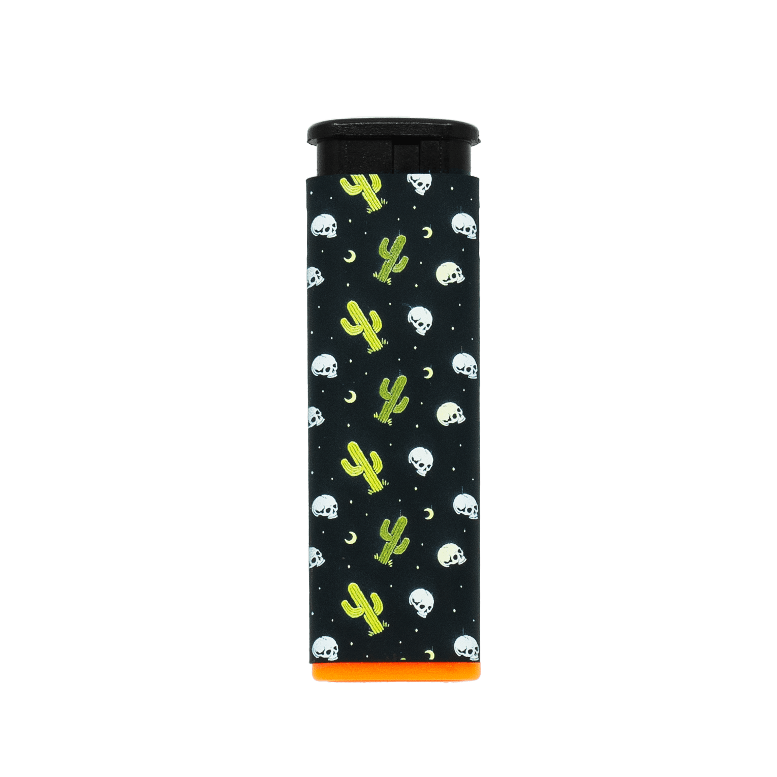 Desert Skull refillable torch lighter, black cactus and skull print, orange base