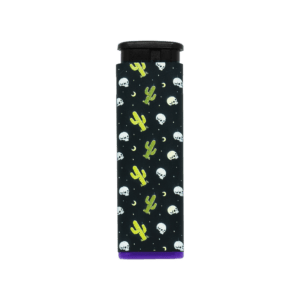 Desert Skull refillable torch lighter, black cactus and skull print, purple base