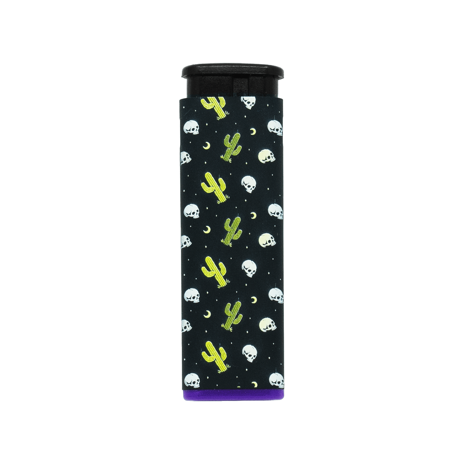 Desert Skull refillable torch lighter, black cactus and skull print, purple base