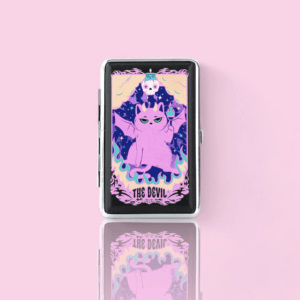 Devil Kitty Tarot cigarette case, pink case with the Devil cat tarot card artwork