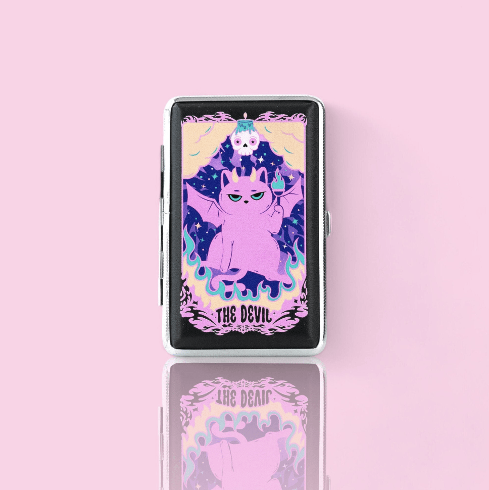 Devil Kitty Tarot cigarette case, pink case with the Devil cat tarot card artwork