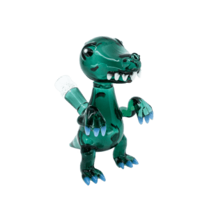 Blazed to Extinction T-Rex bong in teal, glass water pipe shaped like a dinosaur