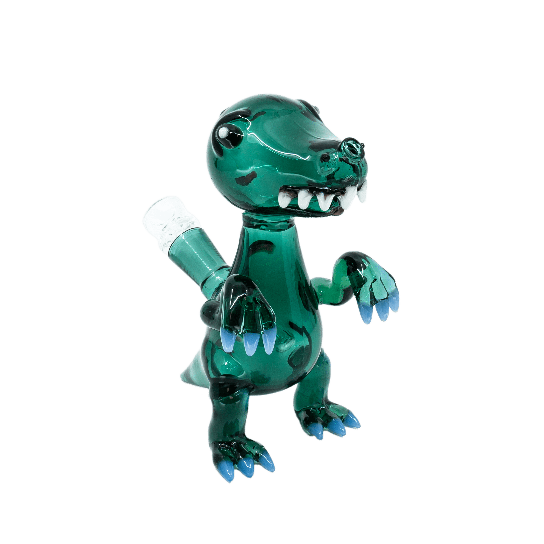 Blazed to Extinction T-Rex bong in teal, glass water pipe shaped like a dinosaur