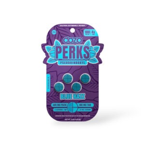 Doze Perks pseudoindoxyl tablets, 400mg purple hang card pack with 4 blue tablets