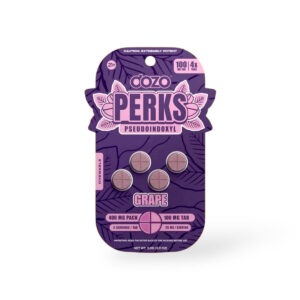 Doze Perks pseudoindoxyl tablets in grape flavor, purple hang card with 4 tablets