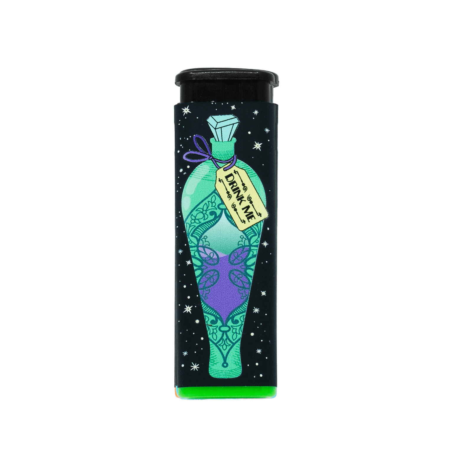 Feed Your Head refillable torch lighter, black with green potion art and green base