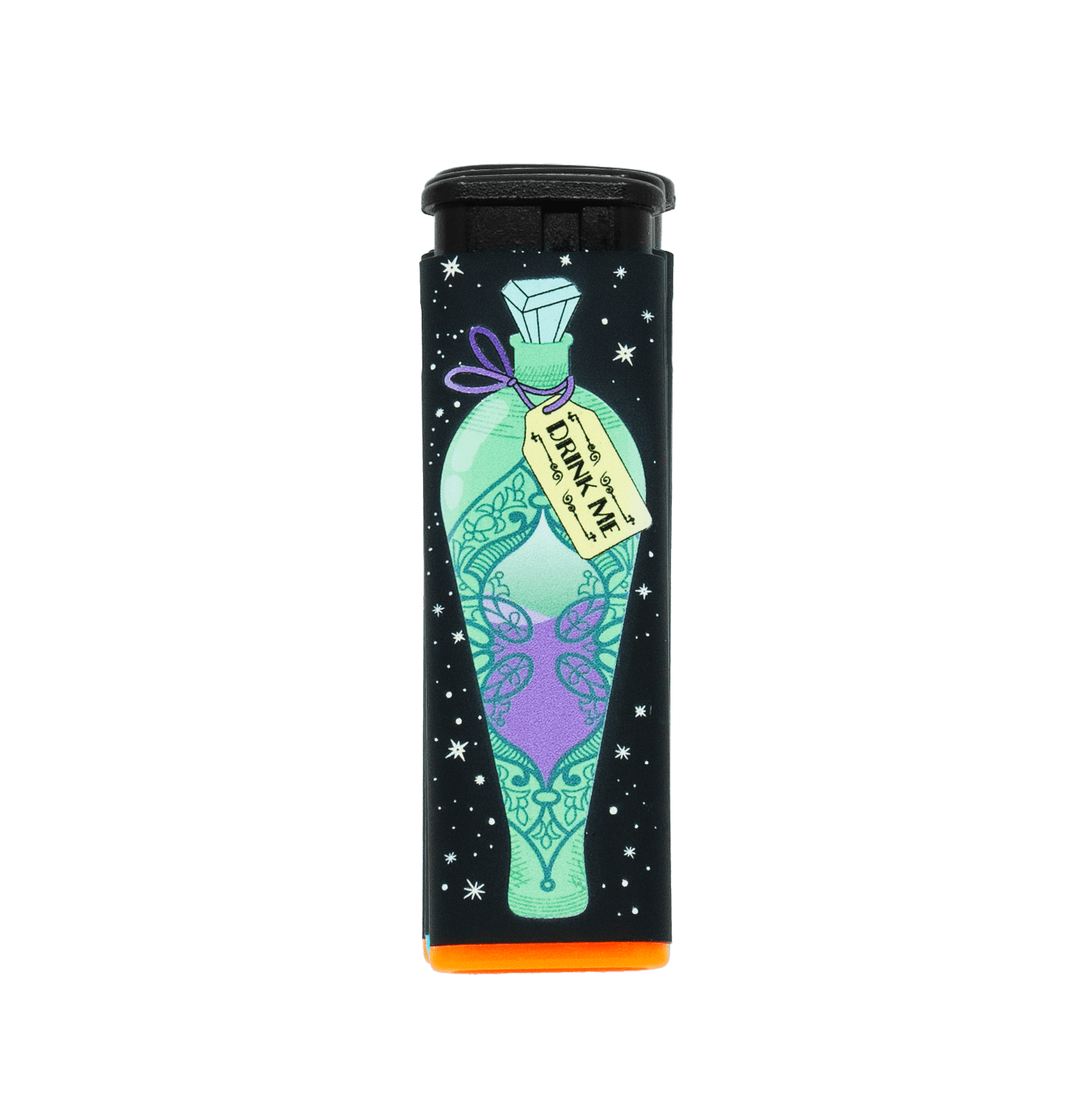 Feed Your Head refillable torch lighter, black with green potion art and orange base