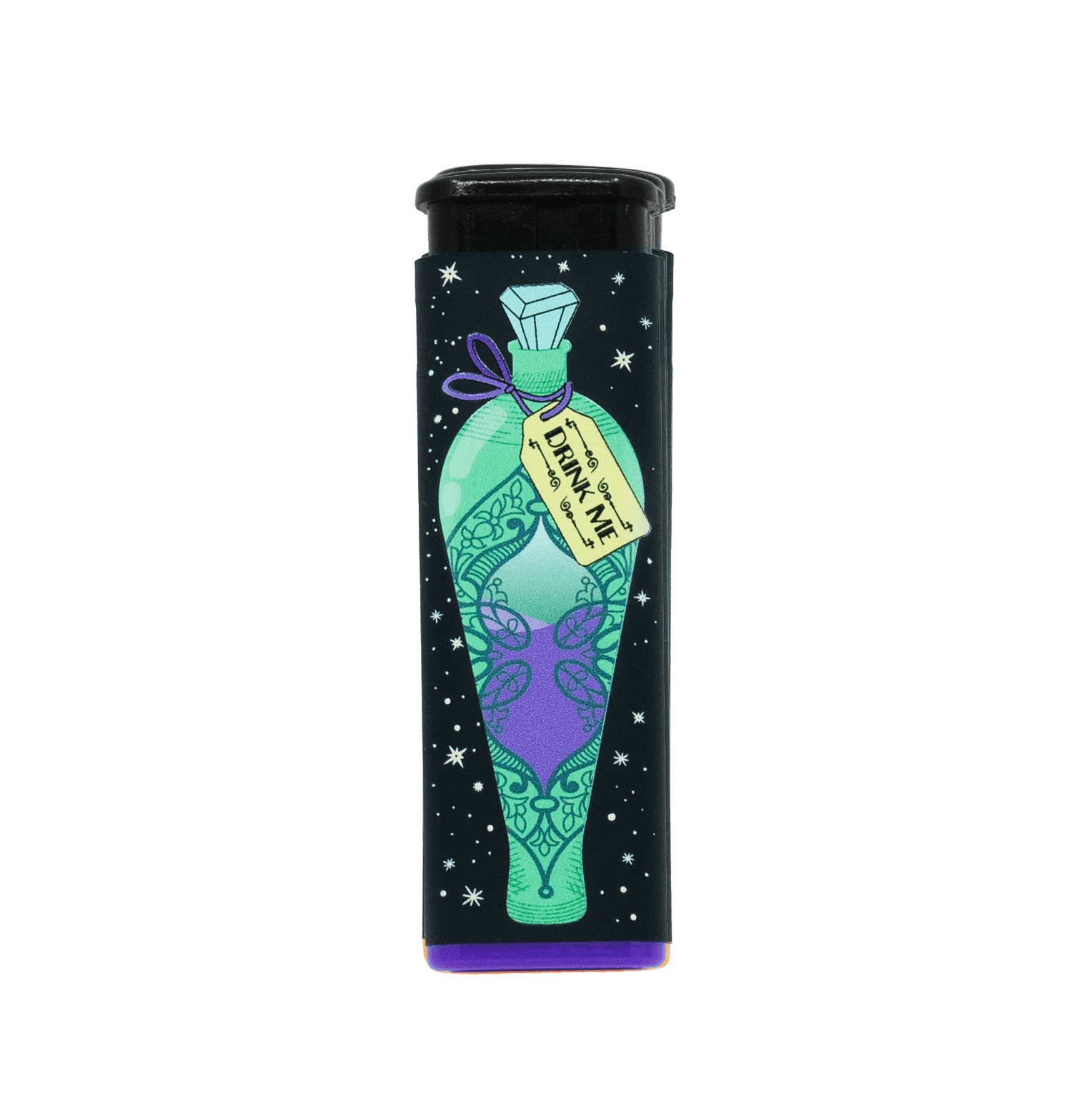 Feed Your Head refillable torch lighter, black with green potion art and purple base