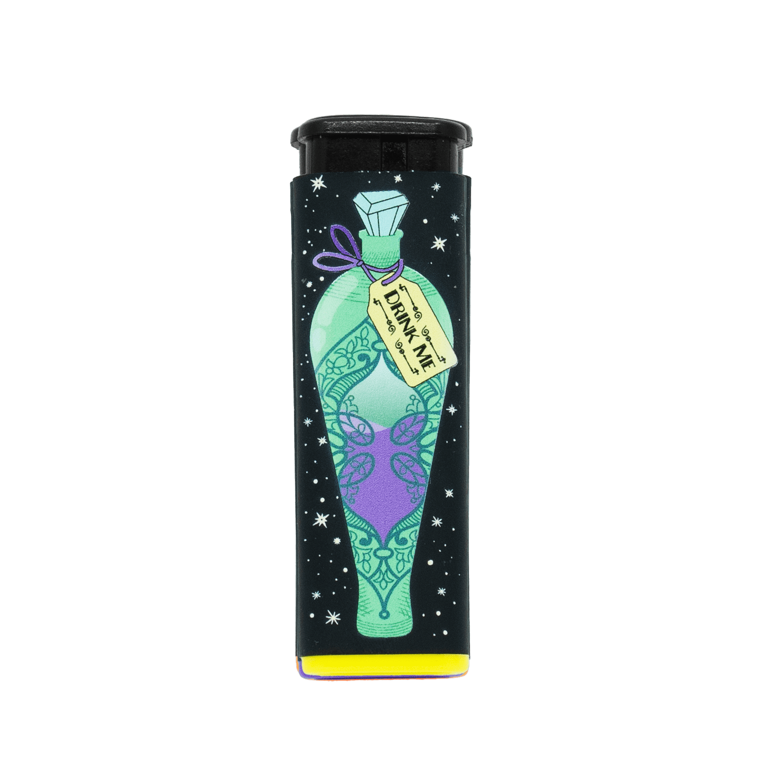 Feed Your Head refillable torch lighter, black with green potion art and yellow base