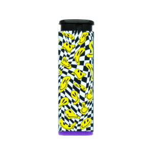 Glitchy Jet refillable torch lighter with yellow lightning pattern, purple base