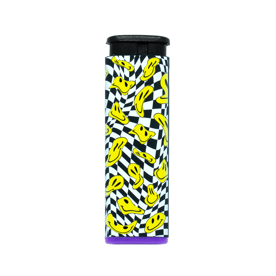 Glitchy Jet refillable torch lighter with yellow lightning pattern, purple base