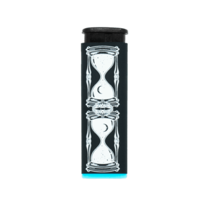 Hourglass refillable torch lighter, black with white hourglass art, blue base