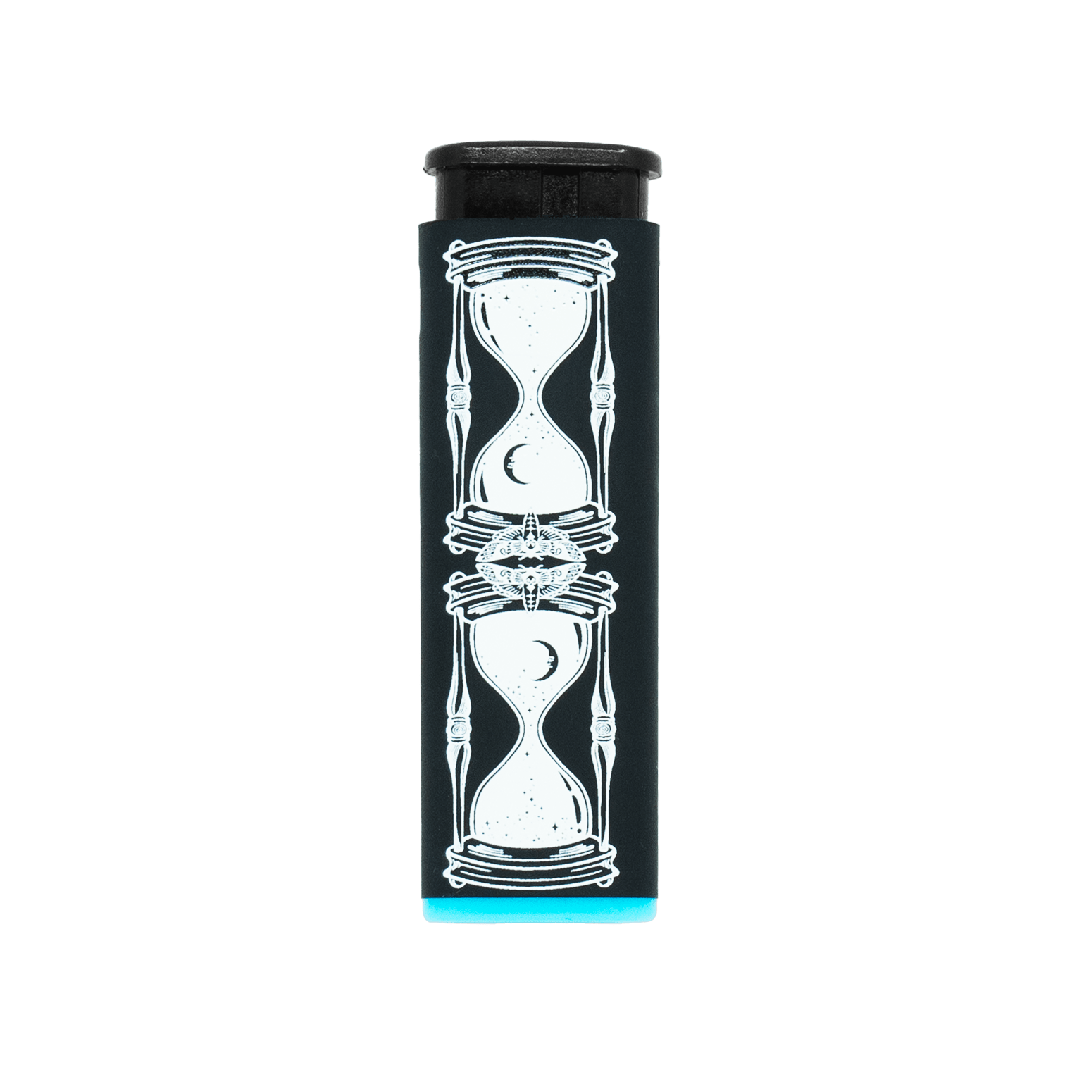 Hourglass refillable torch lighter, black with white hourglass art, blue base