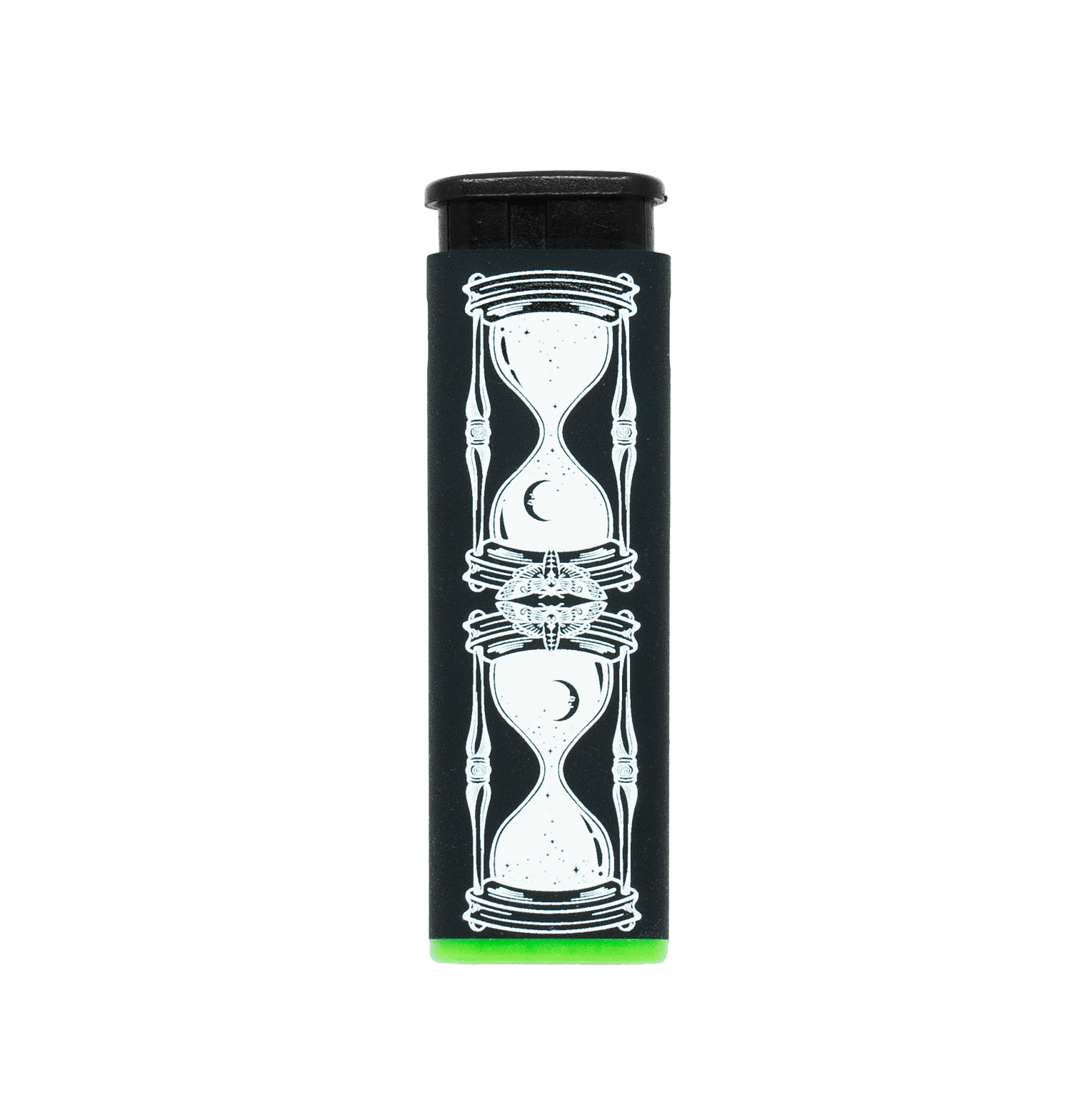Hourglass refillable windproof torch lighter, black with white hourglass artwork