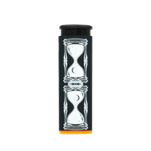 Hourglass refillable torch lighter, black with white hourglass art and orange base