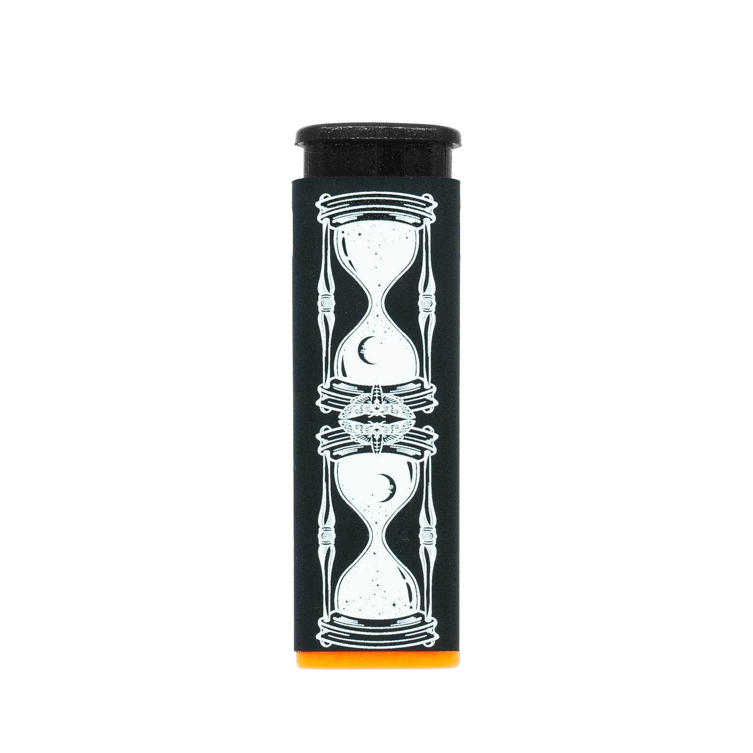 Hourglass refillable torch lighter, black with white hourglass art and orange base