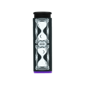 Hourglass refillable torch lighter, black with white hourglass art, purple base