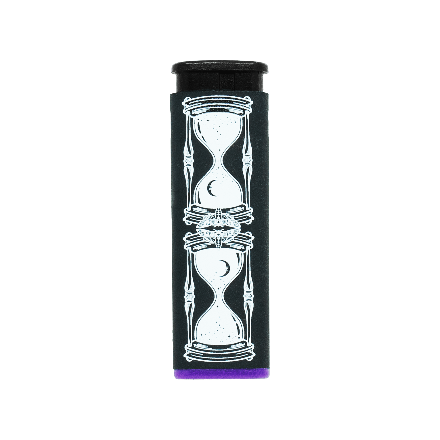 Hourglass refillable torch lighter, black with white hourglass art, purple base