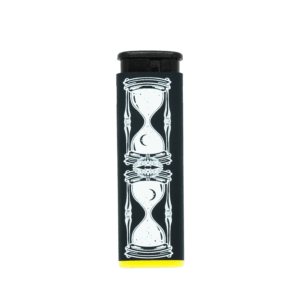 Hourglass refillable torch lighter, black with white hourglass art and purple base