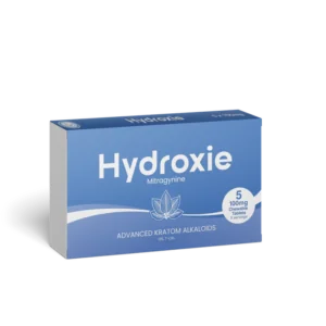 Hydroxie kratom MIT tablets, 500mg pale blue box with 5 tablets and white leaf logo
