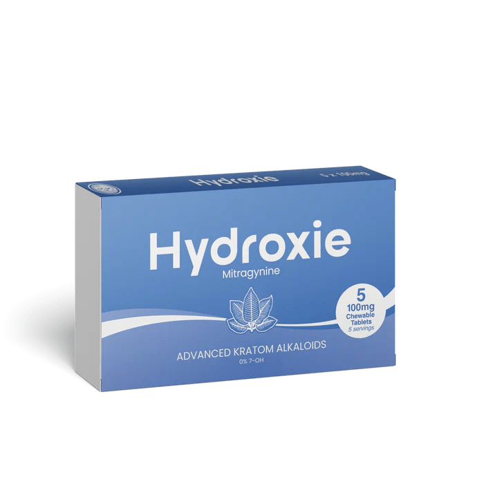 Hydroxie kratom MIT tablets, 500mg pale blue box with 5 tablets and white leaf logo
