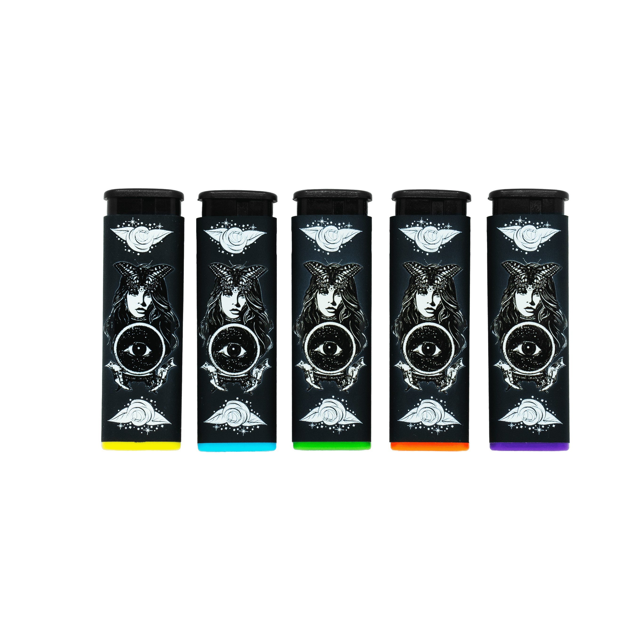 Magic Oracle torch lighter 5-pack, black lighters with assorted color bases