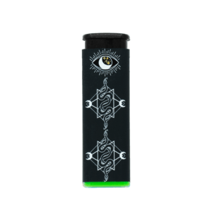 Mystical Serpents refillable torch lighter, black body with serpent art and green base