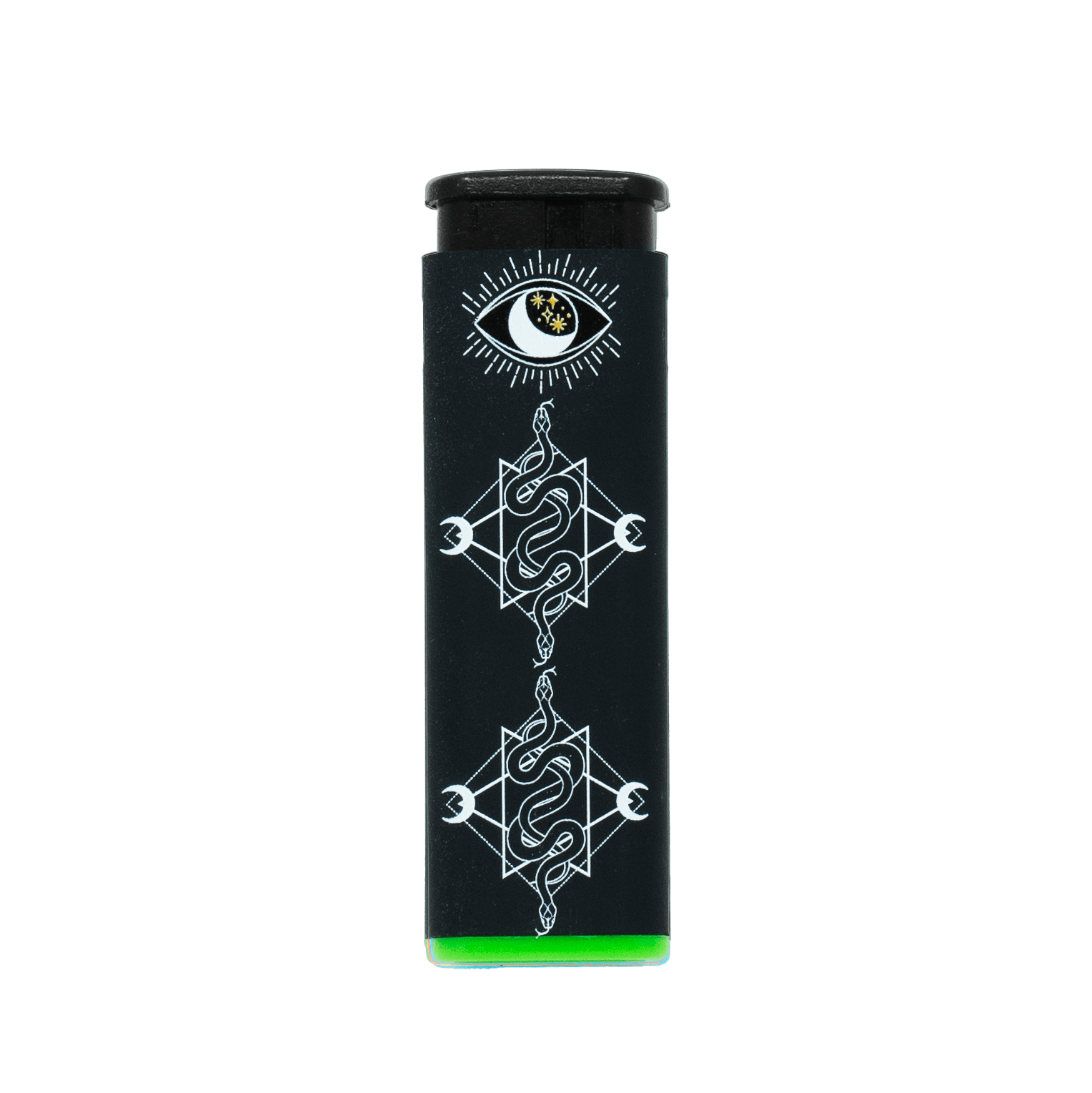Mystical Serpents refillable torch lighter, black body with serpent art and green base