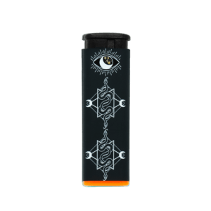 Mystical Serpents refillable torch lighter, black body with serpent art and orange base