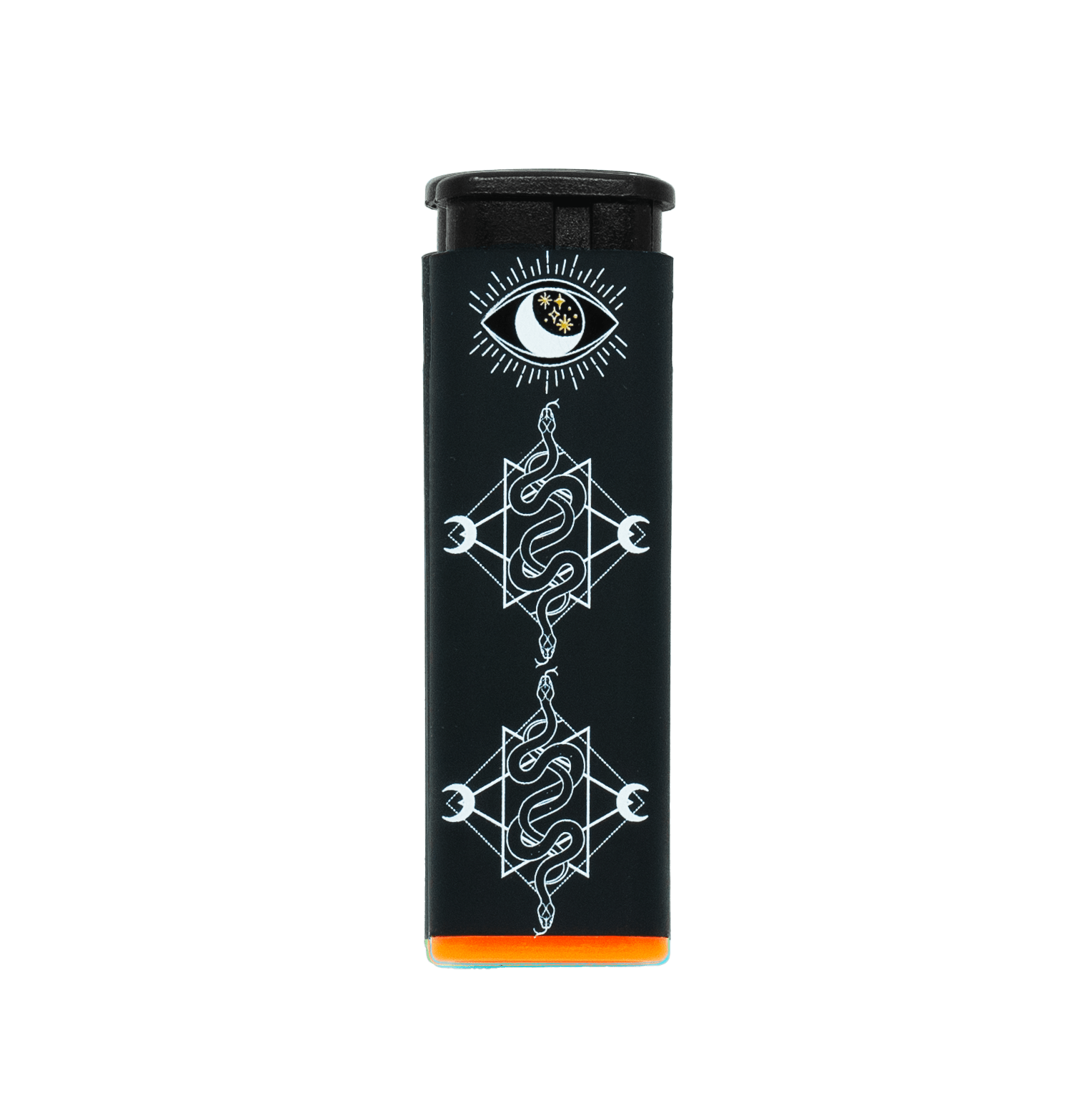 Mystical Serpents refillable torch lighter, black body with serpent art and orange base