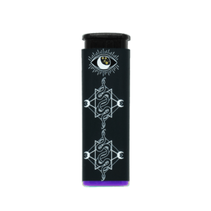 Mystical Serpents refillable torch lighter, black body with serpent art and purple base