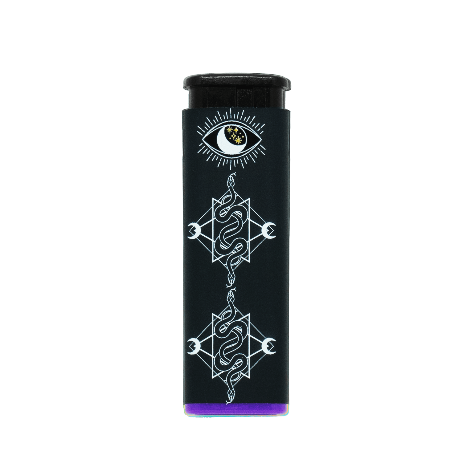 Mystical Serpents refillable torch lighter, black body with serpent art and purple base