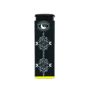 Mystical Serpents refillable torch lighter, black body with serpent art and yellow base
