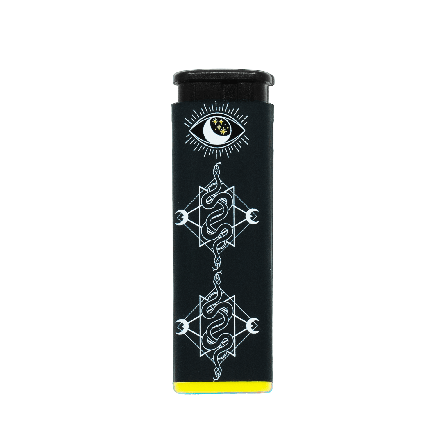 Mystical Serpents refillable torch lighter, black body with serpent art and yellow base