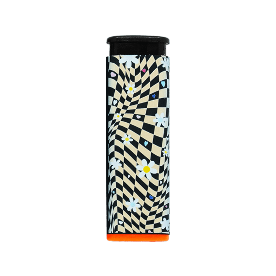 Daisy Chain torch lighter, refillable jet flame with black and white daisy print