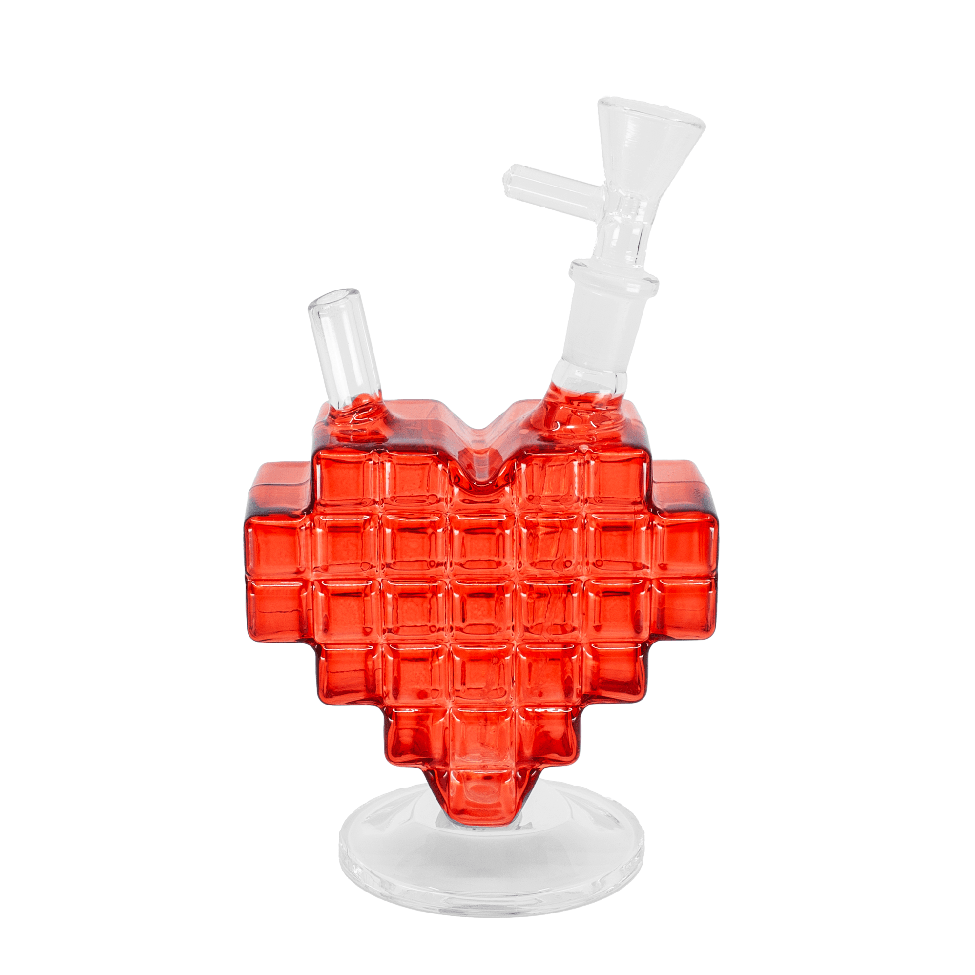 Pixel Sweetheart Bong, red pixelated heart-shaped glass bong with side bowl