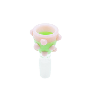 Polka Dot bowl slide, pink and green 14mm glass bowl piece, white background shot