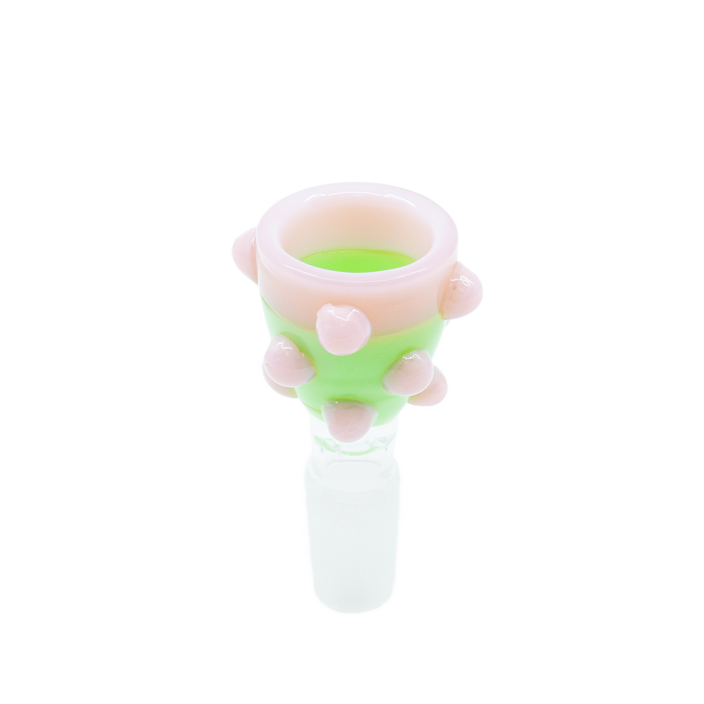 Polka Dot bowl slide, pink and green 14mm glass bowl piece, white background shot